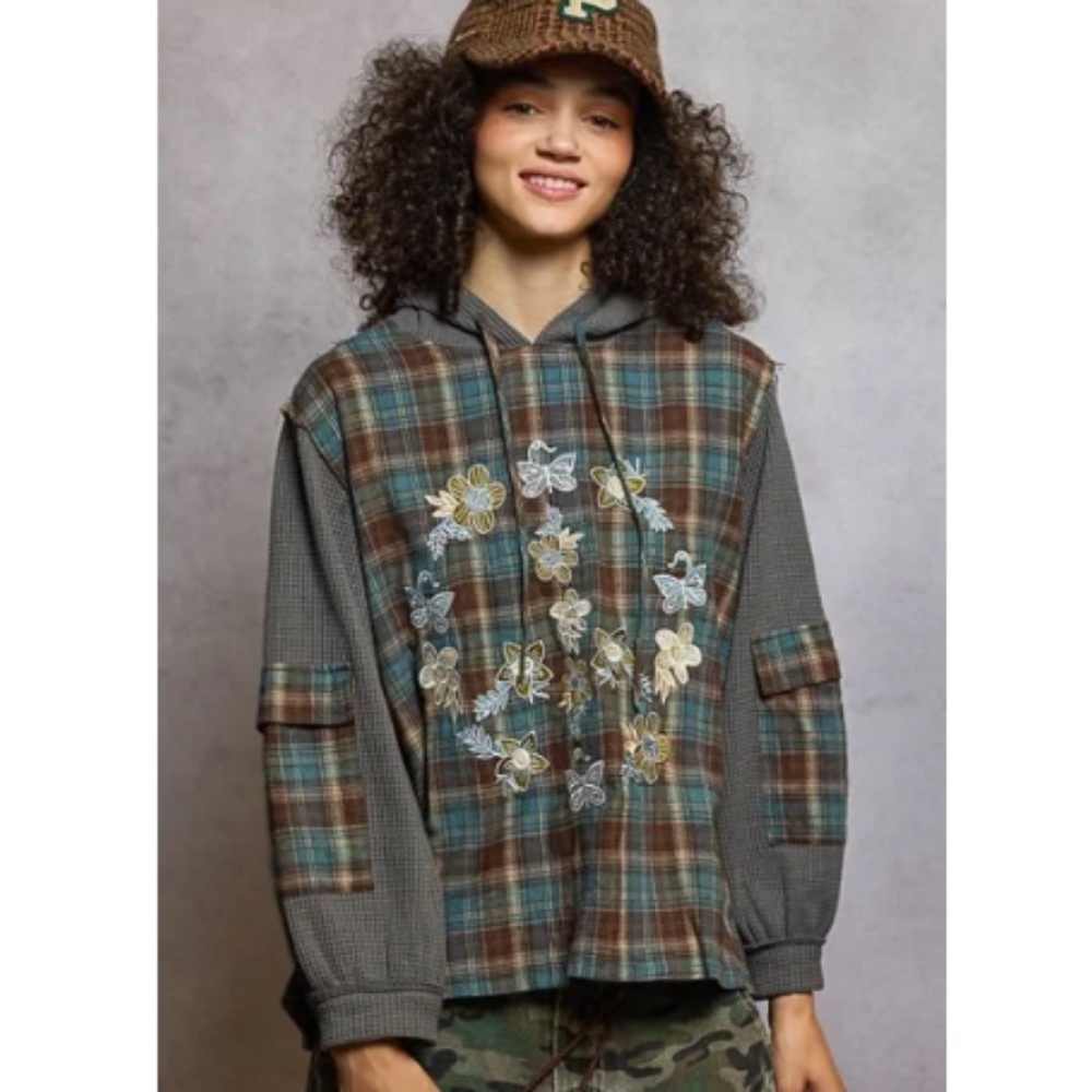 "The Una" Butterfly Peace Sign Peace Sign Plaid Zip Up Hoodie